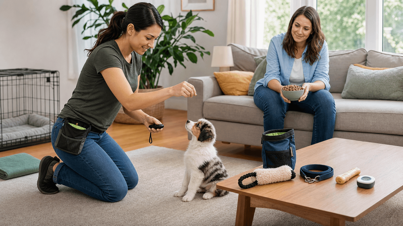 Person training a puppy on a living room floor beside a 7-day checklist on a clipboard in soft natural light