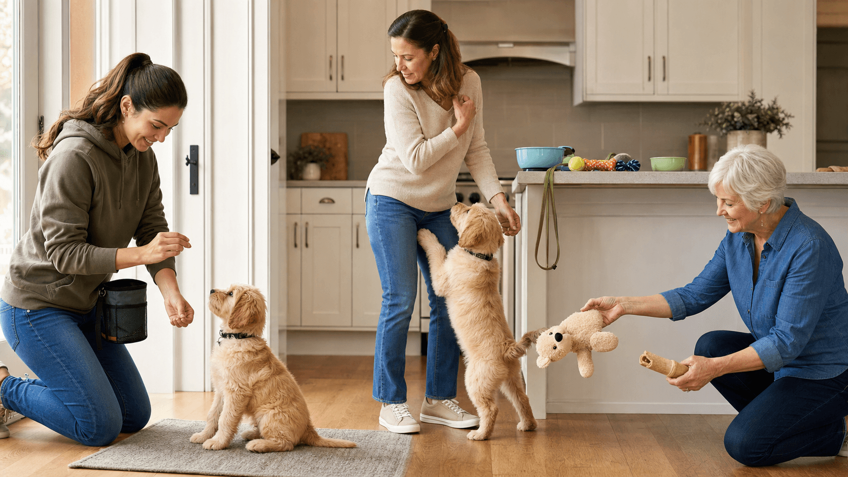 Illustrated family with a puppy, color-coded chore chart and checklist on a bright, clean background.