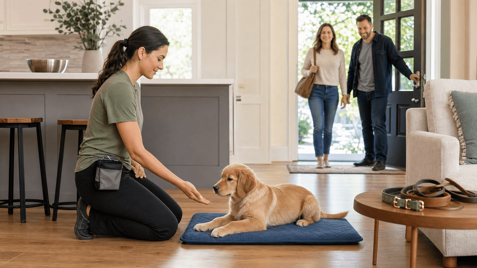 Cartoon puppy lying on a blue mat with calm training icons around it on a clean white background.