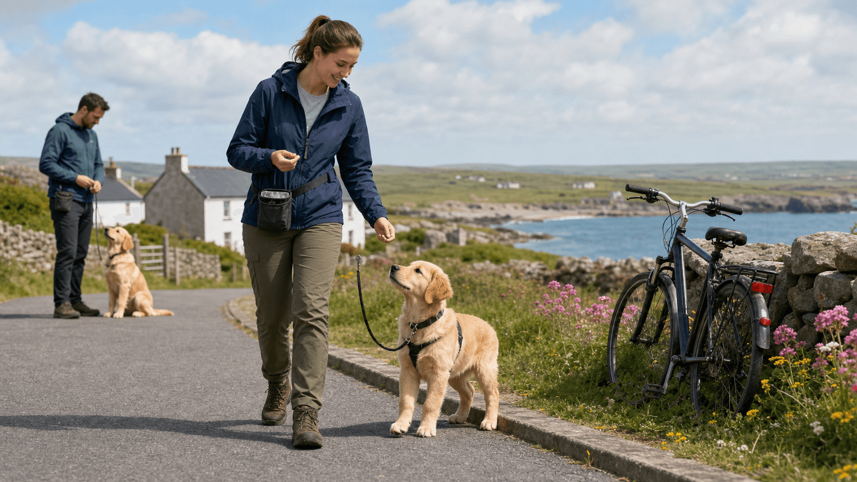 Golden retriever puppy on a leash walking beside a person on a sunlit park path with green trees in soft focus.