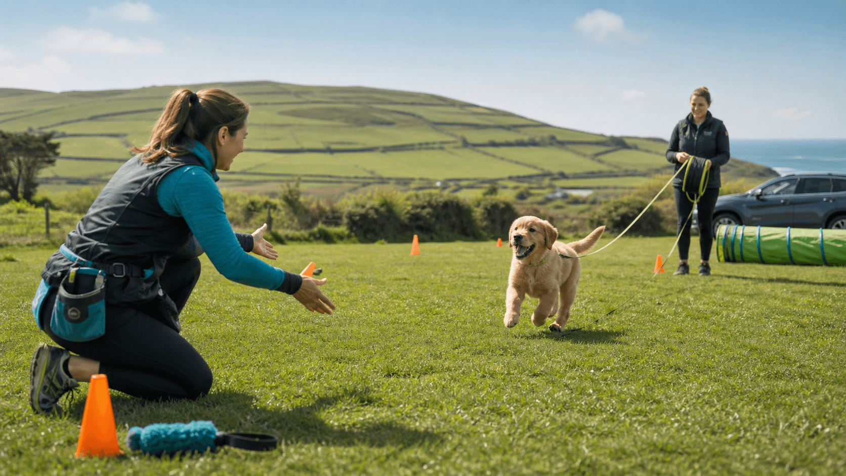 Trainer in a sunlit park holding a long line as a puppy runs toward them, with cones and treats nearby.