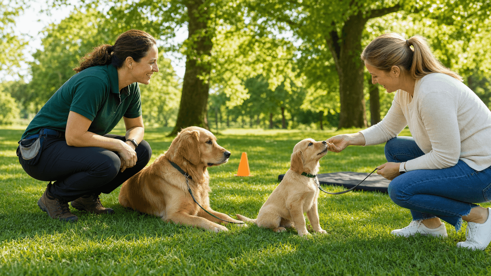 Golden retriever puppy on a sunny lawn, panting beside colorful toys with soft bokeh in the background